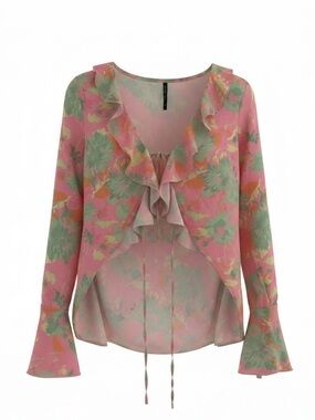 Made in Morocco tie front floral top, size 8